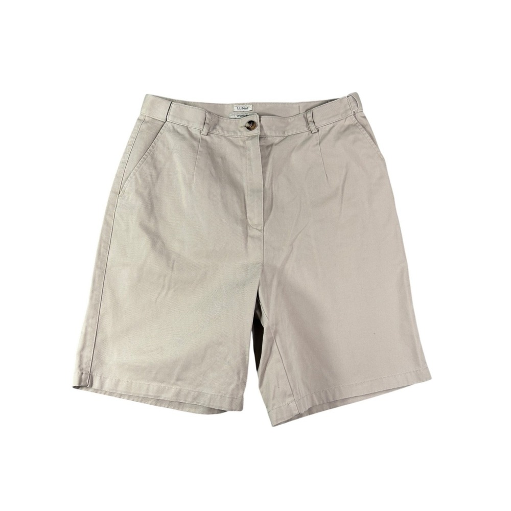 LL Bean Womens Khaki Chino Shorts Original Fit Pleated Tan Size 14 Regular